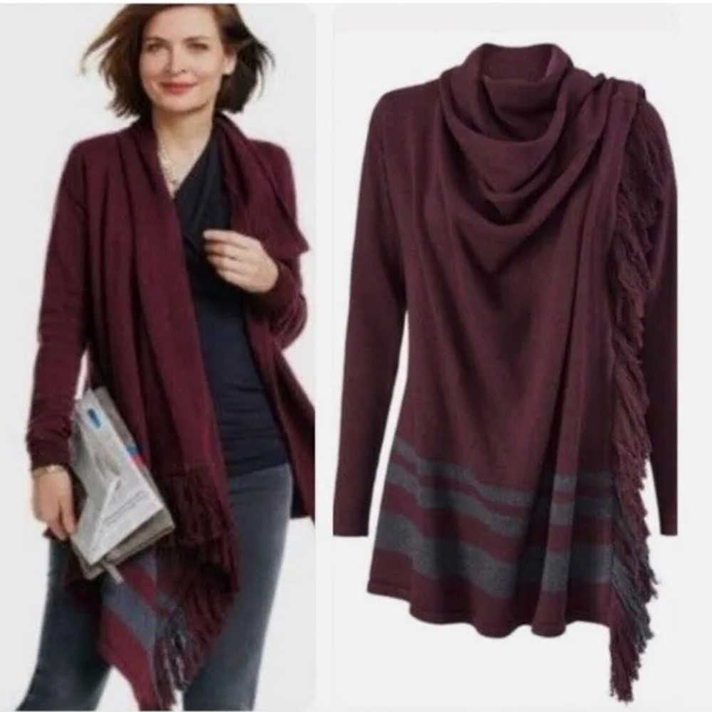 Cabi Fringe Wrap 100% Cotton Sweater Cardigan Color Port Size Medium